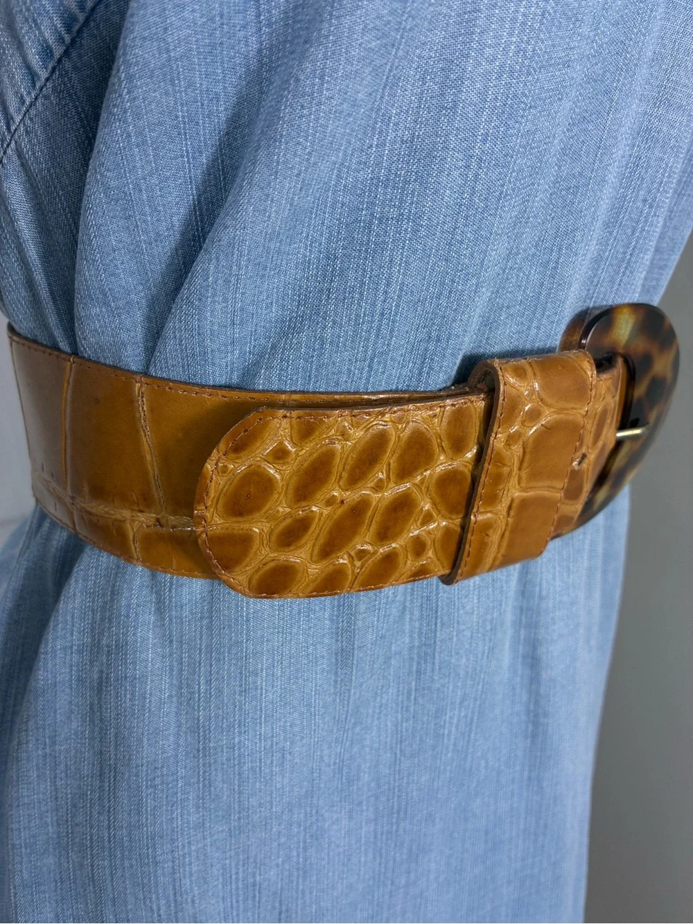 Womens belt 35” long Brown Croc-Textured faux leather Tortoiseshell Buckle